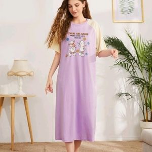 COLORBLOCK REGLAN SLEEVE CARTOON & SLOGAN GRAPHIC PAJAMA DRESS